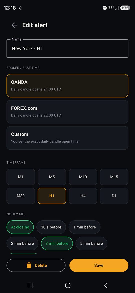 Create an alert: broker and timeframe